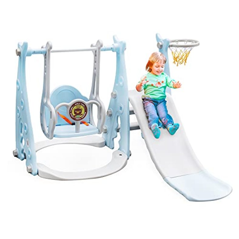 Kids Wonder Kids Slide And Swing With Basketball Hoop For Toddlers Playing Climber Sliding Playset Indoor & Outdoor Playground Play Set (Blue)