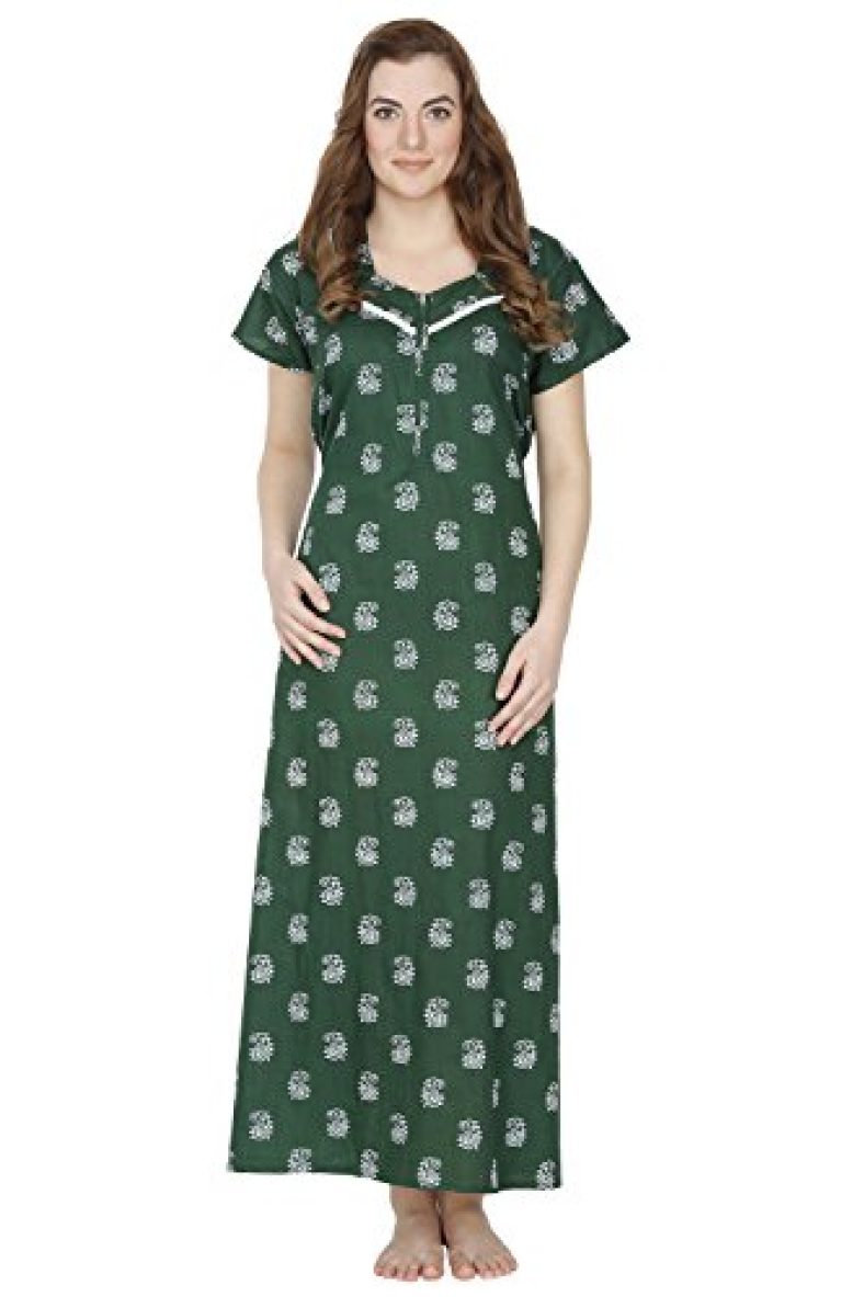 Secret Wish Women’S Cotton Printed Maxi Night Gown | Comfortable Sleep Wear | Free Size| Green