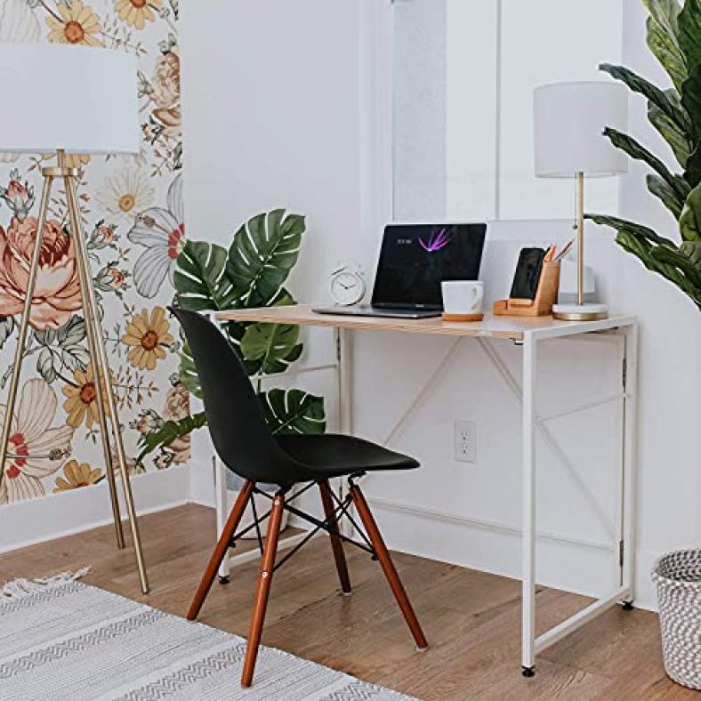 Sofsys Modern Folding Computer Writing Desk For Small Space, Gaming, And Home Office Organization, Foldable Industrial Metal Frame Finish With Sturdy Desktop For Students Or Small Business, Oak/White