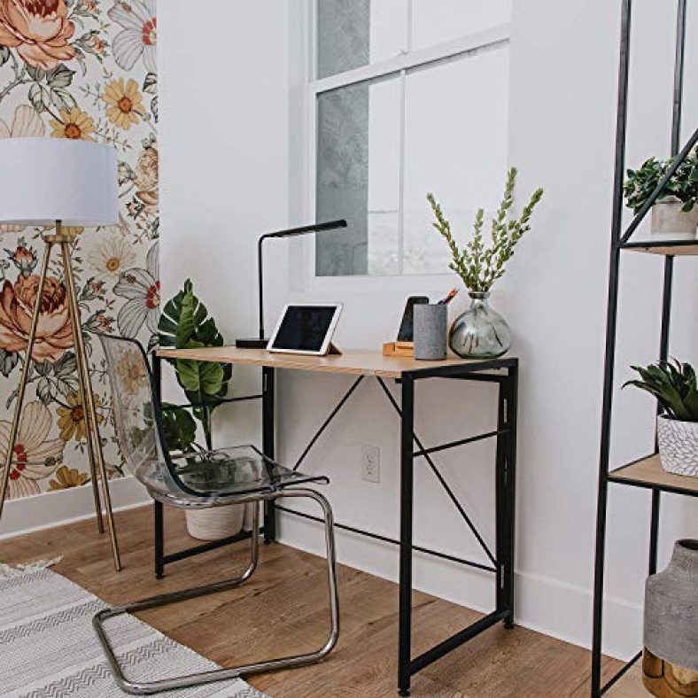 Sofsys Modern Folding Computer Writing Desk For Small Space, Gaming, And Home Office Organization, Foldable Industrial Metal Frame Finish With Sturdy Desktop For Students Or Small Business, Oak/Black