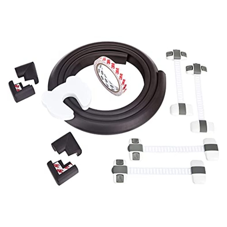 Amazon Brand – Solimo Baby Proofing Kit, Brown (6.4 Ft Edge Guard, 4 Corner Guards, 1 Door Stopper And 4 Safety Locks)