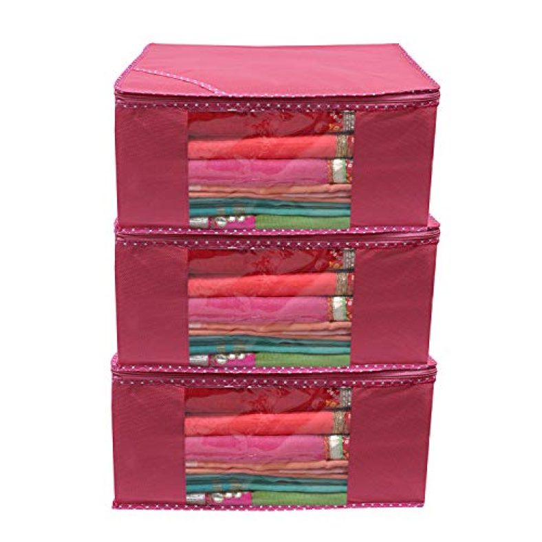 Kuber Industries 3 Piece Non Woven Saree Cover Set, Pink,Large Size -Ctktc6416