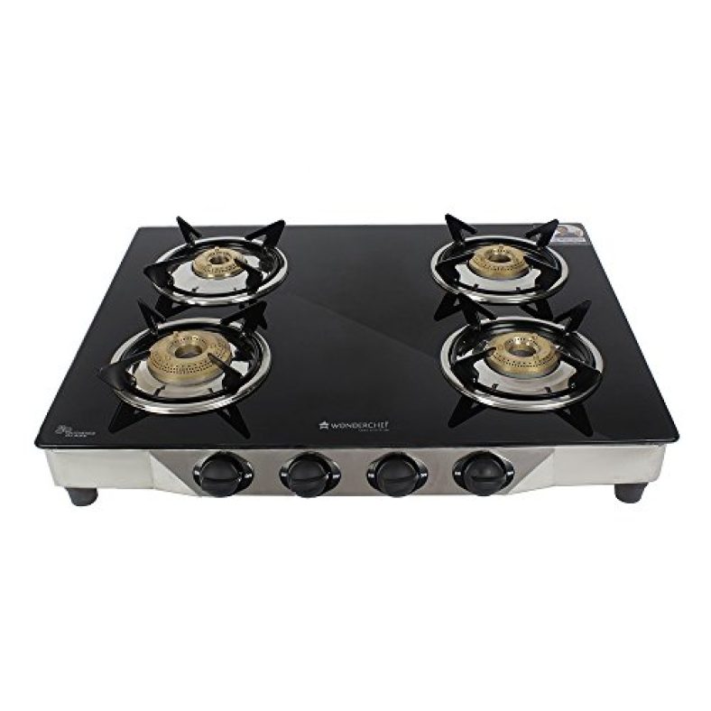 Wonderchef Energy 4 Burner Glass Cooktop, Black 8Mm Toughened Glass With 1 Year Warranty, Soft Touch Knobs, Efficient Brass Burners, Stainless Steel Double Drip Tray