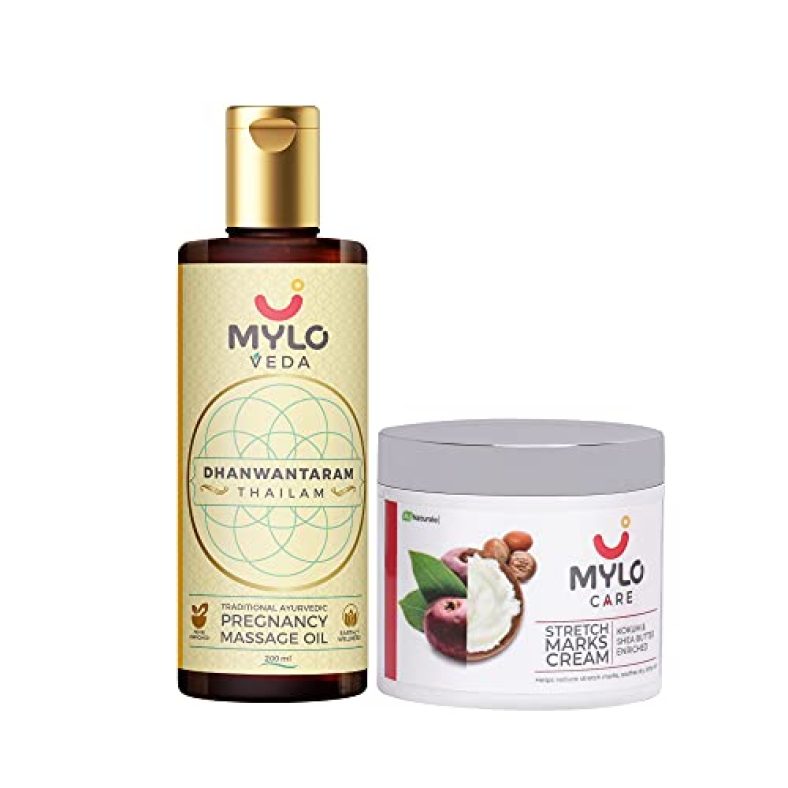 Mylo Care Pregnancy Care Combo | Mylo Care Stretch Marks Cream (100 G) & Mylo Veda Dhanwantaram Thailam (200 Ml) Ayurvedic Pregnancy Massage Oil | Pack Of 2