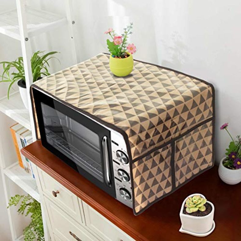 Prettykrafts Microwave Oven Top Cover, Microwave Cover With Pockets Free Size, With 4 Utility Pockets, Trio Beige
