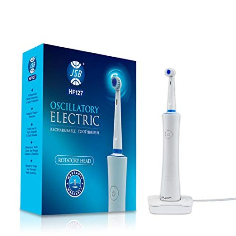 Jsb Hf127 Electric Power Toothbrush For Adults Rechargeable Waterproof With 2 Brush Heads (White-Blue)