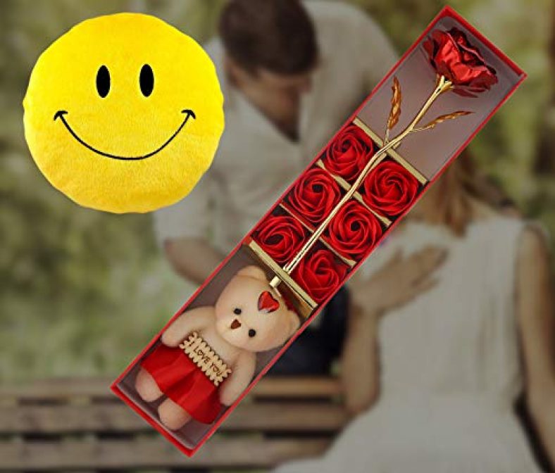 International Gift Red Rose Flower With Teddy With Free Smiley Pillow