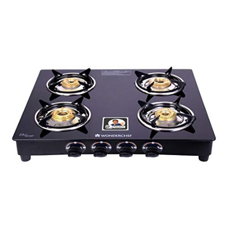 Wonderchef Ultima 4 Burner Glass Gas Cooktop, Black Toughened Glass With 1 Year Warranty, Ergonomic Knobs, Heat-Efficient Brass Burners, Stainless-Steel Spill Tray, Manual Ignition