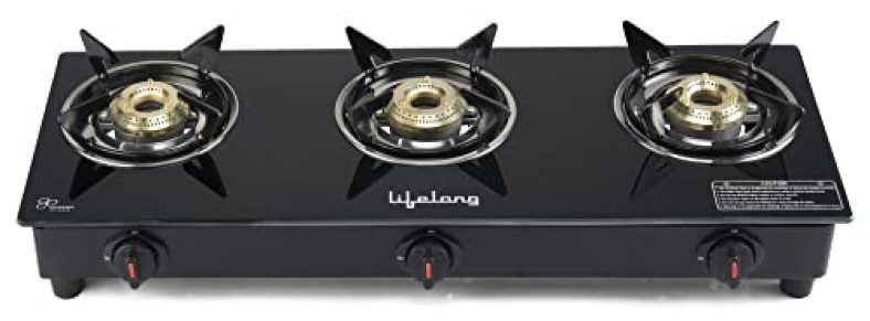 Lifelong Llgs303 Auto Ignition, High Efficiency 3 Burner Gas Stove With Toughened Glass Top, Isi Certified, Automatic Ignition, For Lpg Use Only (1 Year Warranty, Doorstep Service, Black)