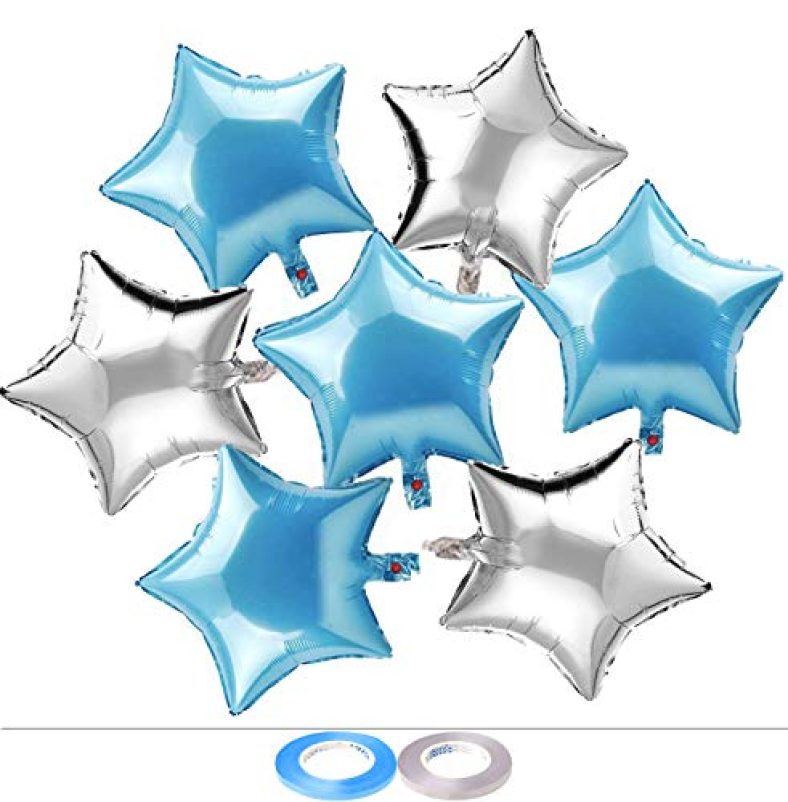 Amfin® (Pack Of 24) 9 Inch Star Shaped Balloon With Ribbon / Small Star Shape Foil Balloons For Boys Party Decoration – Blue & Silver