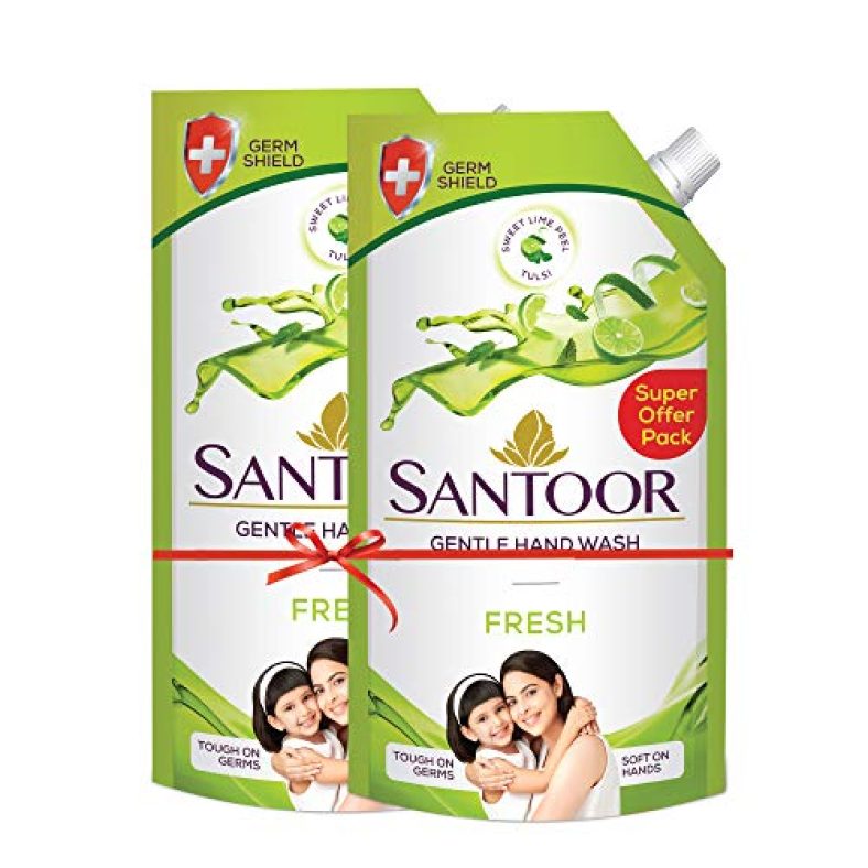 Santoor Fresh Gentle Hand Wash, 750Ml (Pack Of 2) With Natural Goodness Of Sweet Lime Peel & Tulsi