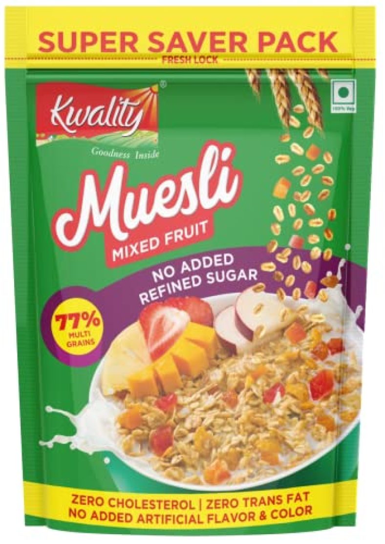 Kwality Crunchy Muesli Mixed Fruit, Zero Cholesterol And Trans Fat- No Added Refined Sugar, No Added Artificial Flavor And Color, Super Saver Pack 800G