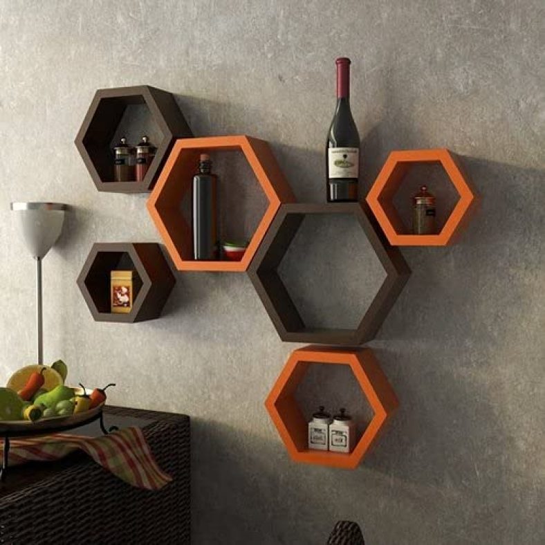 Acco & Deco Hexagon Wall Shelf For Living Room Stylish | Hexagonal Designer Wooden Shelves For Home Decor Items| Display Rack For Bedroom, Kitchen, Office And More (Set Of 6| Color-Orange& Brown)