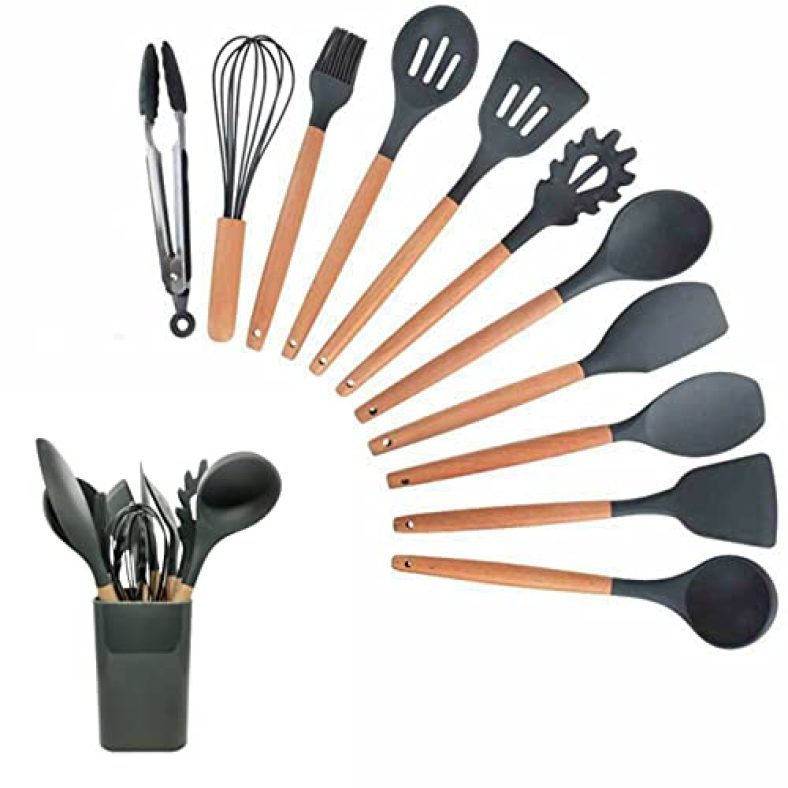 Syga Silicone Kitchen Spoon Utensil Set, 11 Piece (Grey)