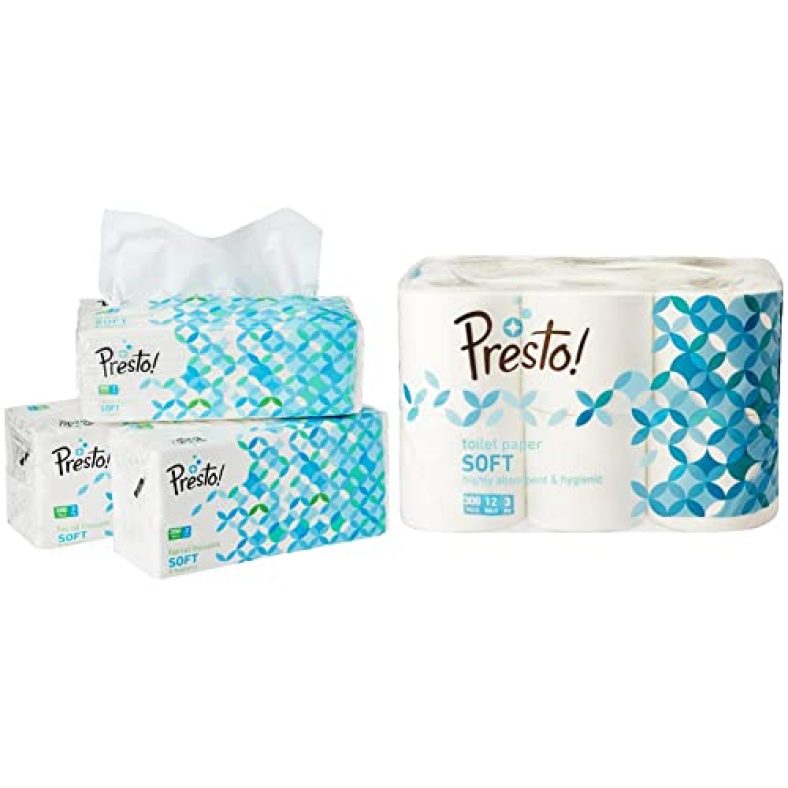 Amazon Brand – Presto! 2 Ply Facial Tissue Soft Poly Pack – 200 Pulls (Pack Of 3) & Amazon Brand – Presto! 3 Ply Toilet Paper/Tissue Roll – 12 Rolls (300 Sheets Per Roll) Combo