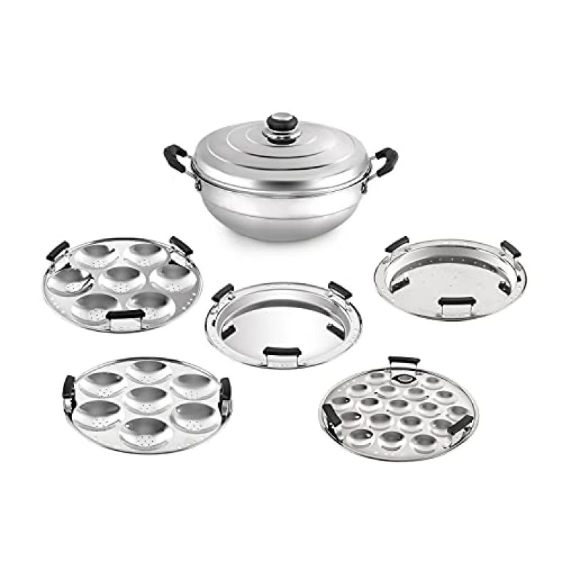 Cello Stainless Steel Induction Base Idli Cooker And Multi Kadhai, 6 Plates, Silver