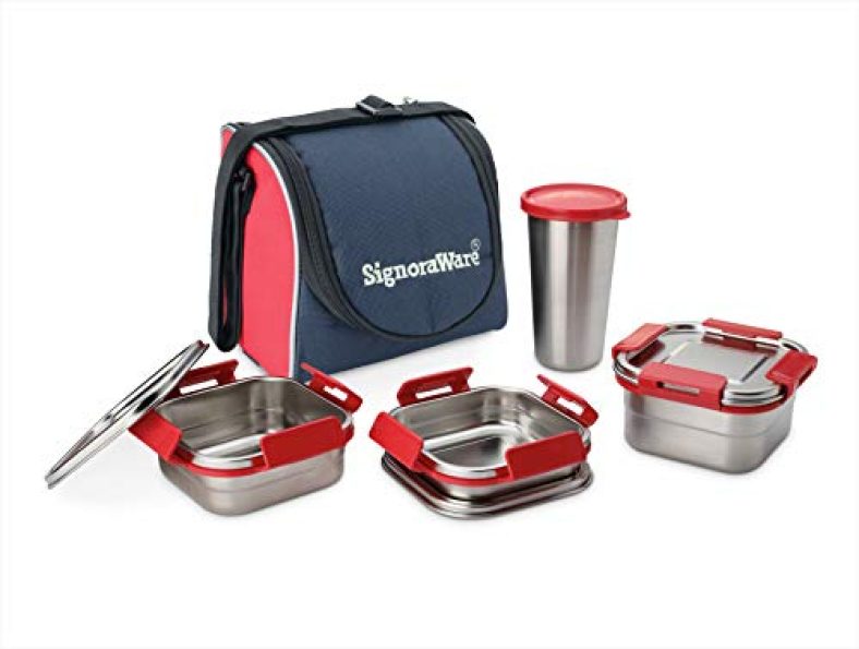 Signoraware Best Squarex Steel Lunch Box With 100% Steel Lids And Red Blue Bag, 225Ml+350Ml+500Ml+ (370Ml Tumbler), Set Of 4, Red