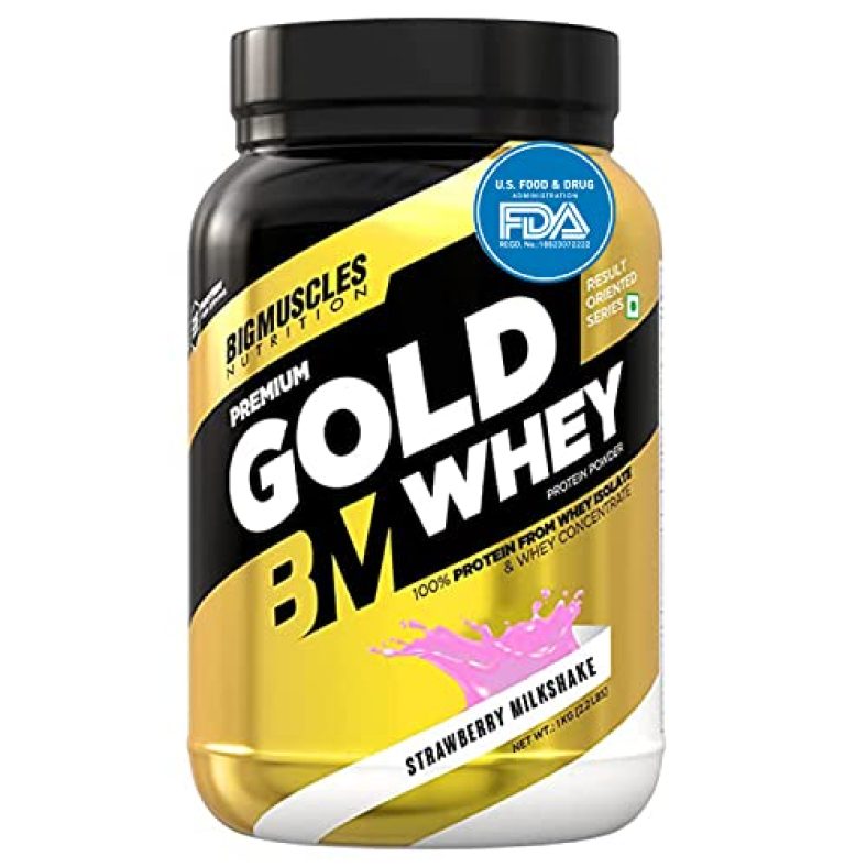 Bigmuscles Nutrition Premium Gold Whey 1Kg Whey Protein Isolate Blend | Usa Fda Regd. Brand | 25G Protein Per Serving [Strawberry Milkshake]