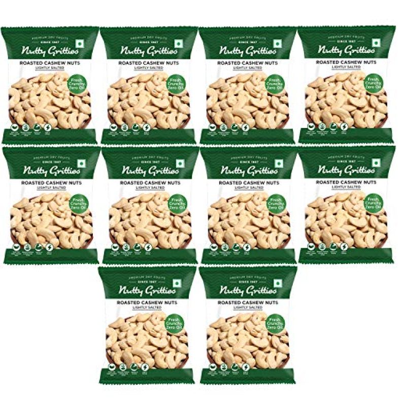 Nutty Gritties Roasted Cashews, Lightly Salted, Dry Roasted, Non Fried, Zero Oil, Crunchy Healthy Snack – 21G ( Pack Of 10 )