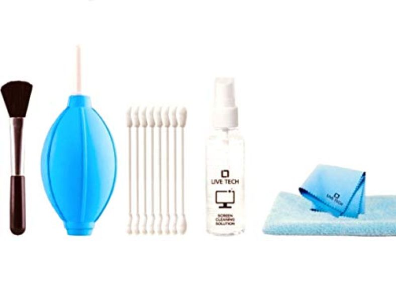 Live Tech Shiny 6 In 1 Professional Cleaning Kit – Dust Removal Air Blower, Cotton Buds, Cotton Cloth, Micro-Fiber Cloth, Brush, With Cleaning Solution Bottel Full Cleaning Kit
