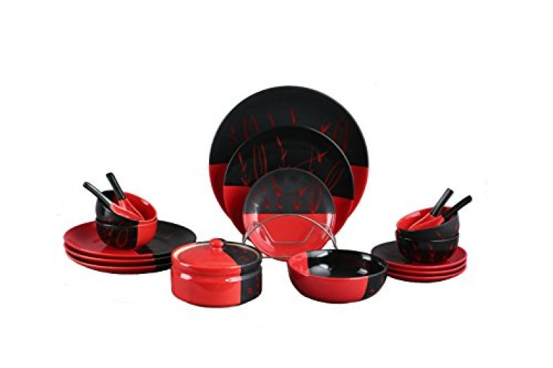 Caffeine Ceramic Handmade Half Red & Black Combo Dinner Set (19 Pcs.Microwave Safe & Dishwasher Safe )