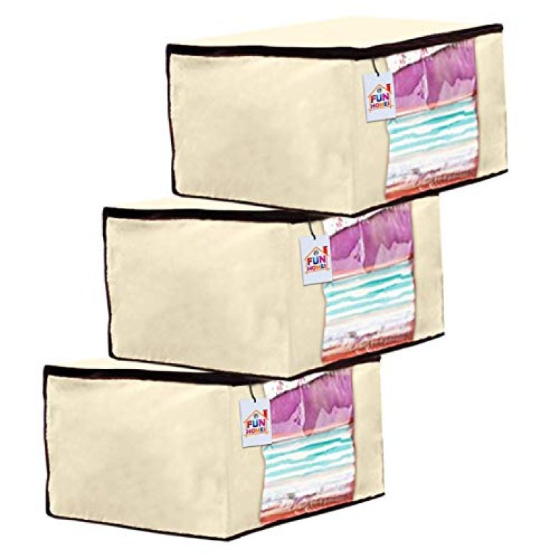 Fun Homes 3 Pieces Non Woven Fabric Saree Cover/Clothes Organiser For Wardrobe Set With Transparent Window, Extra Large (Ivory)