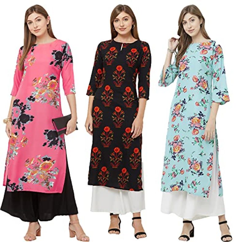 Anni Designer Women’S Crepe Straight Kurta Pack Of 03 (Three-Combo-51-Anni_S_Pink & Black & Blue_Small)