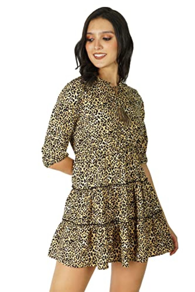 Reshavio Women’S Casual Animal Printed Ruffel Tassel Frill V-Slit Neck 3/4Th-Sleeve With Elasticated Cuff Soft Polyester Blend Fabric Regular Fit Dress (Brown_L)
