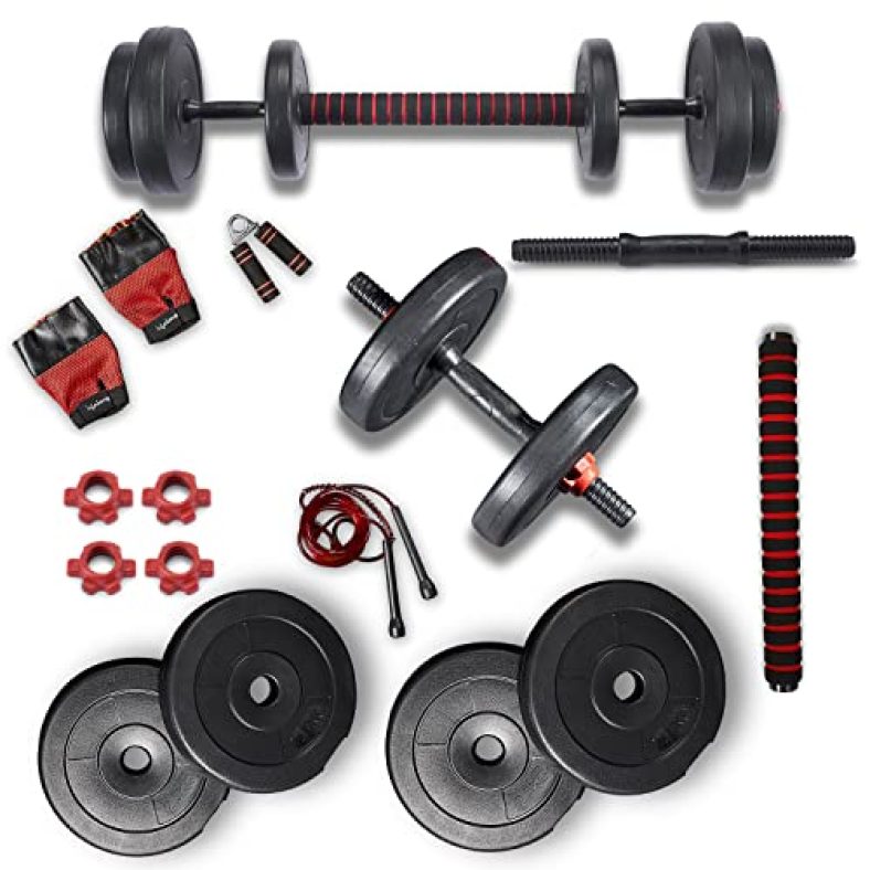 Lifelong Llpvchgc05 Pvc Home Gym Set 15Kg Plate With Extension Barbell Rod And Dumbbells Rods With Gym Accessories For Home Workouts ( Black , 6 Months Warranty )