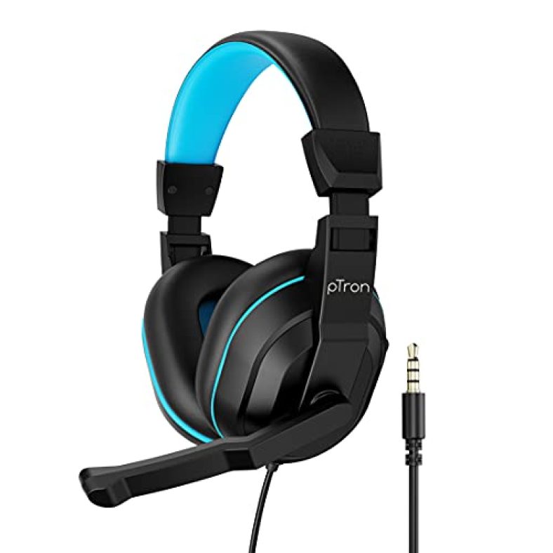 Ptron Studio Lite Stereo Sound Wired Over Ear Headphones With Mic, Adjustable Mic & Integrated Volume Control, 3.5Mm Aux Jack & 1.3 Meter Tangle-Free Cord (Black & Blue)