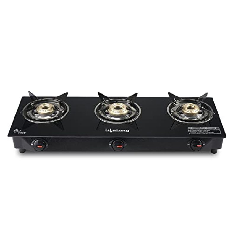 Lifelong Llgs930 Manual Ignition, High Efficiency 3 Burner Gas Stove With Toughened Glass Top, Isi Certified, For Lpg Use (1 Year Warranty, Doorstep Service, Black)