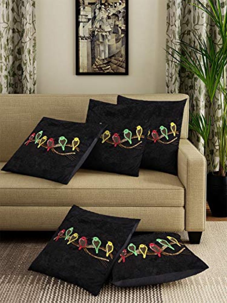 Dream Weaverz Velvet 260Tc Cushion Cover, 16X16 Inches, Black, Set Of 5