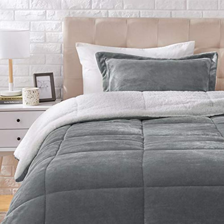 Amazonbasics Micromink Sherpa Comforter Set – Twin, Charcoal – With Pillow Cover