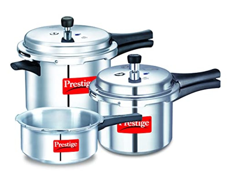 Prestige Popular Max 5 + 3 + 2 Litre Aluminium Pressure Cooker Combo Pack, 2 Lids, Silver, Large (11791)