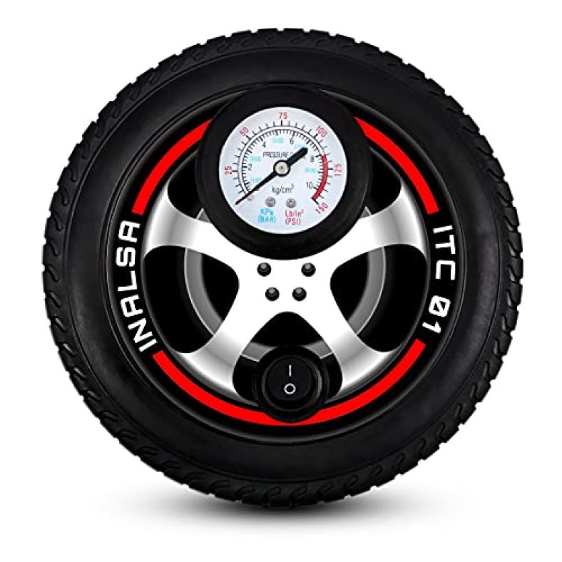 Inalsa Tyre Inflator Itc 01, Compact And Elegant Design, Dc 12V Tyre Inflator, 150 Psi With Dial Pressure Gauge, Power Cord (Black)