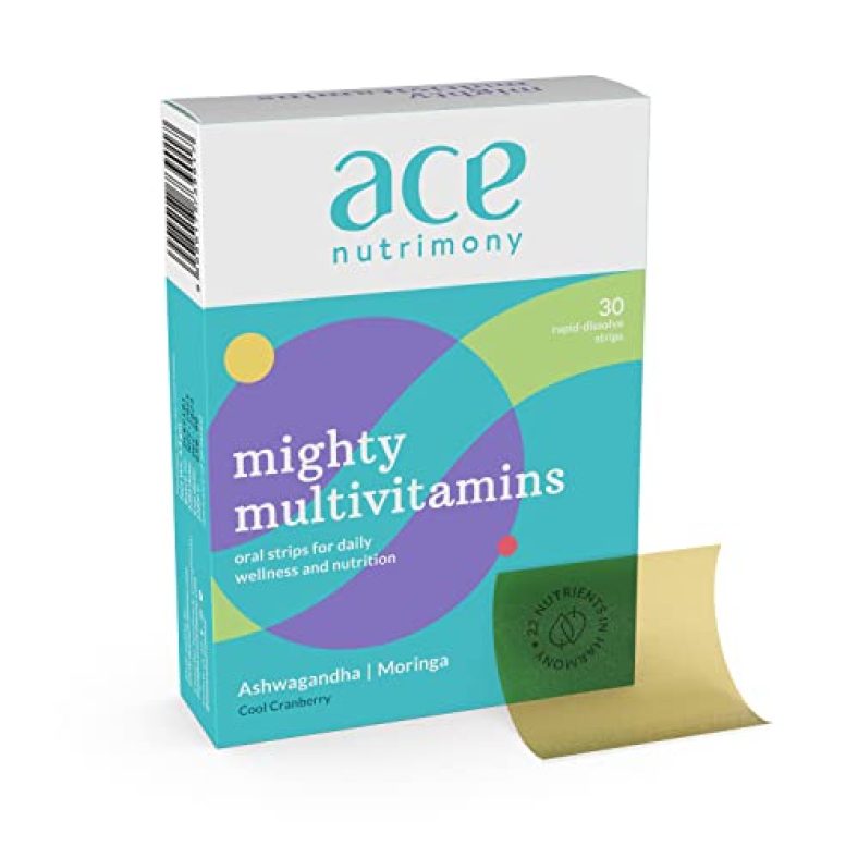 Ace Nutrimony Mighty Multivitamins Oral Strip With 22 Vitamins & Minerals Like Vitamin C, D3 + K2, Vitamin E, Vitamin B12, Zinc, Ashwagandha, Moringa For Heart, Energy & Immunity Booster (Pack Of 1 – 30 Oral Strip)