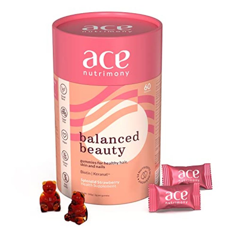 Ace Nutrimony Biotin Gummies For Hair, Skin & Nail | Balanced Beauty Gummies For Hair Growth|Reduce Hair Fall With Sugar Free 14 Vitamins & Minerals | Vitamin C,Zinc,Folic Acid (Pack Of 1,60 Gummies)