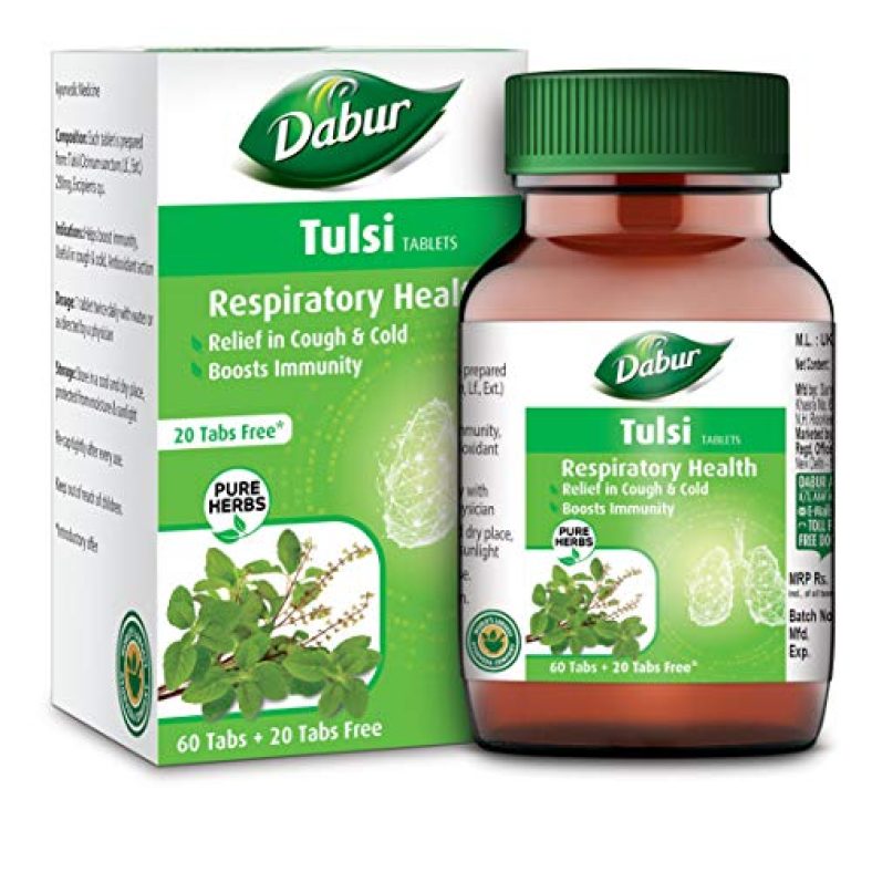 Dabur Tulsi Tablet – Respiratory Health | Boosts Immunity | Provides Relief In Cough & Cold | Pure Herbs (60 + 20 Tablets Free)
