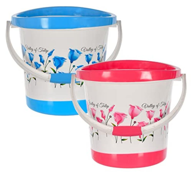 Heart Home Plastic Floral Print Bucket For Home/Kitchen/Office/Shop With Strong Handle, 18 Litre Pack Of 2 (Blue & White & Pink)-46Hh0380