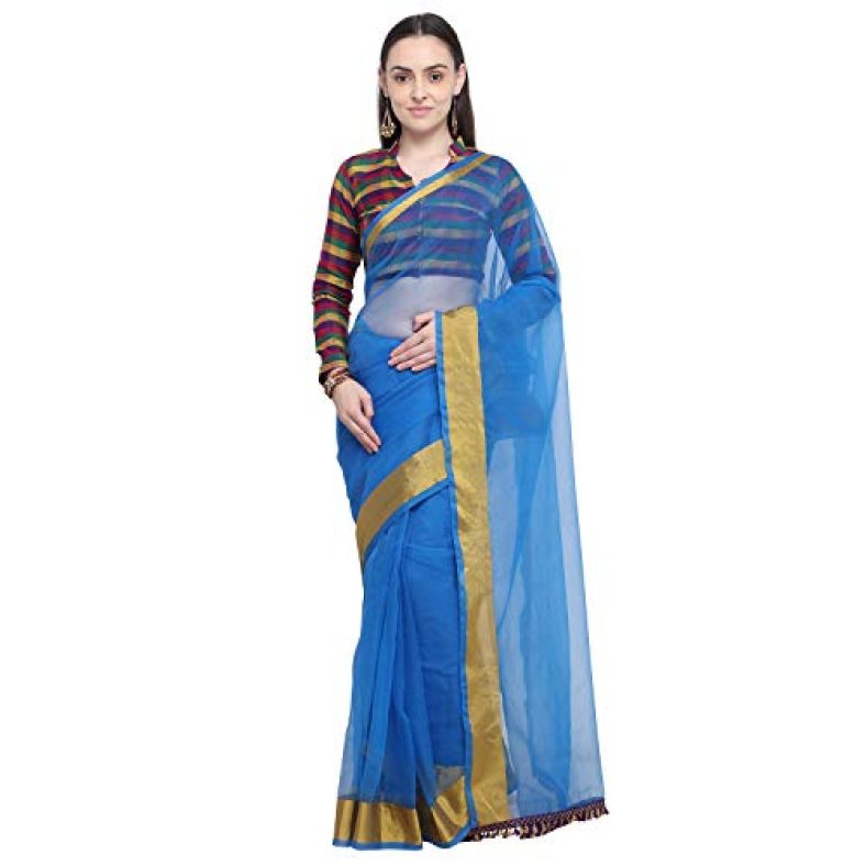 Sidhidata Women’S Organza Embroidered Saree With Unstitched Blouse Piece (Dark Blue)