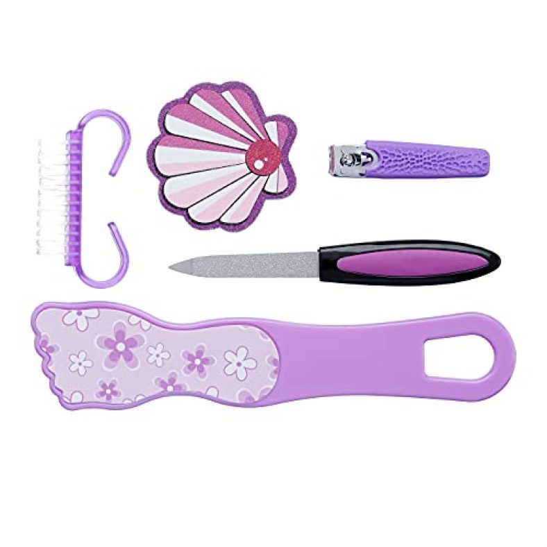 Amazon Brand – Solimo Manicure And Pedicure Kit With Nail Clipper, Foot Grinder, Brush And Two Nail Files, Purple, Pack Of 5