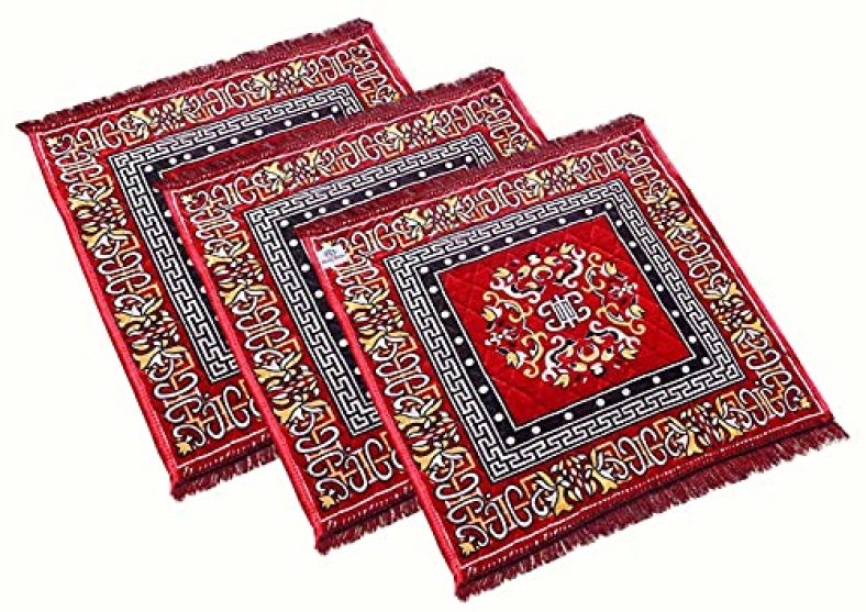 Heart Home Rangoli Design Velvet Square Pooja Mat- Pack Of 3 (Maroon)