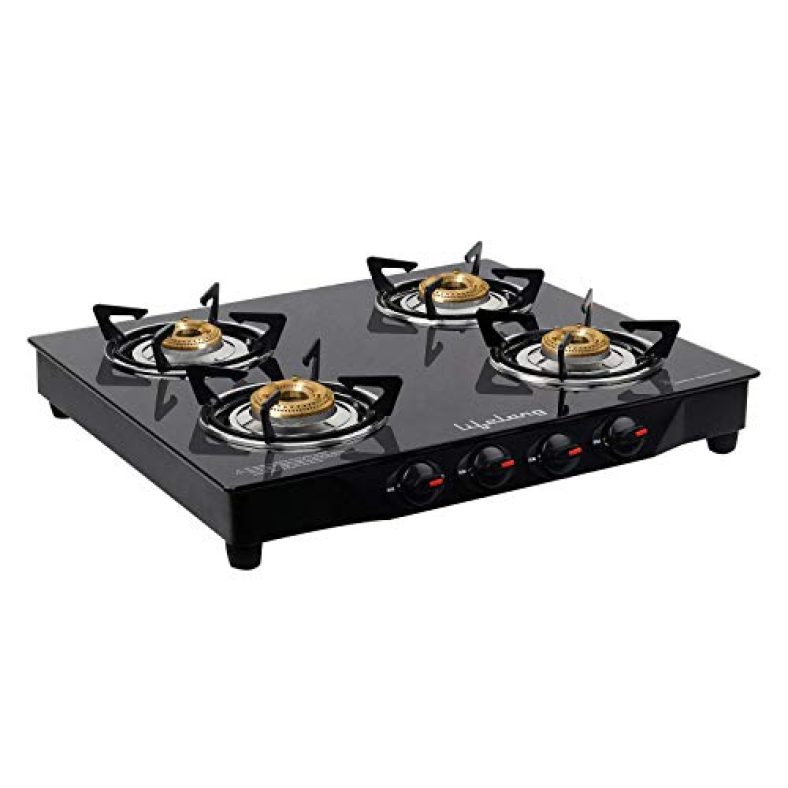 Lifelong Glass Top Gas Stove, 4 Burner Gas Stove, Black (Isi Certified,1 Year Warranty With Doorstep Service)