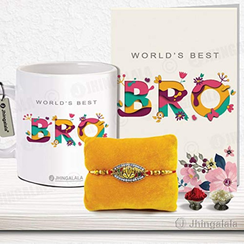 Jhingalala Raksha Bandhan Gifts Pack For Men (Lord Ganesha Designed Pendant Rakhi/Bracelet, Printed Ceramic Coffee Mug, World’S Best Bro Greeting Card, Roli Chawal , Multicolour )