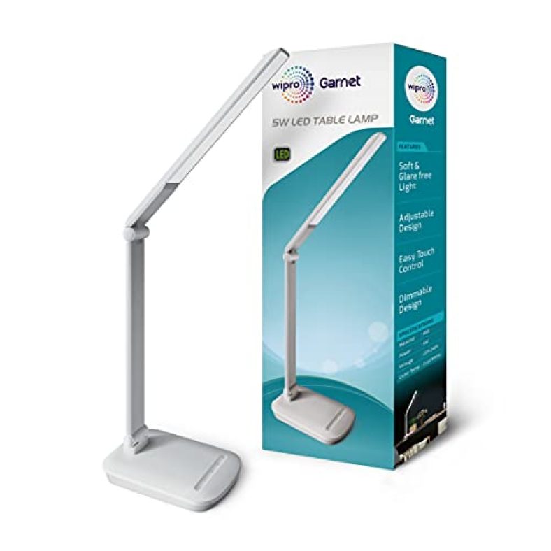 Wipro 5W Led Table Lamp With Smooth Dimming, Use As Emergency Light With Power Bank Or With Laptop Usb Port (White)