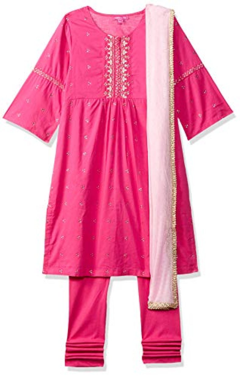 Biba Girl’S Cotton Straight Salwar Suit Set (Kw3727_ Pink_ 5)