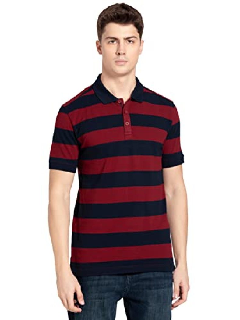 Jockey Men’S Regular Fit Half Sleeved Classic Striped Polo T-Shirt Us93_Navy & Deep Red_M