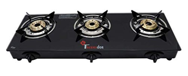 Thermador Toughened Isi Certified 3 Brass Burner Glass Gas Stove (Lpg Use Only, Auto Ignition, Black)