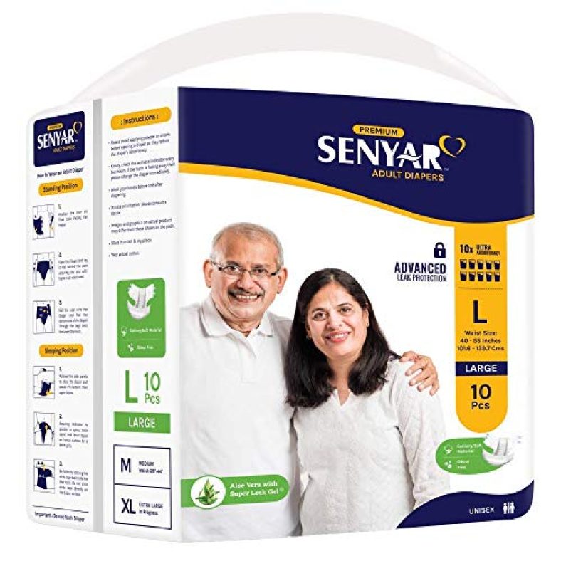 Senyar Unisex Adult Diaper With Aloe Vera & Super Lock Gel, Large Waist Size (40-55 Inches) – 10 Adult Diapers