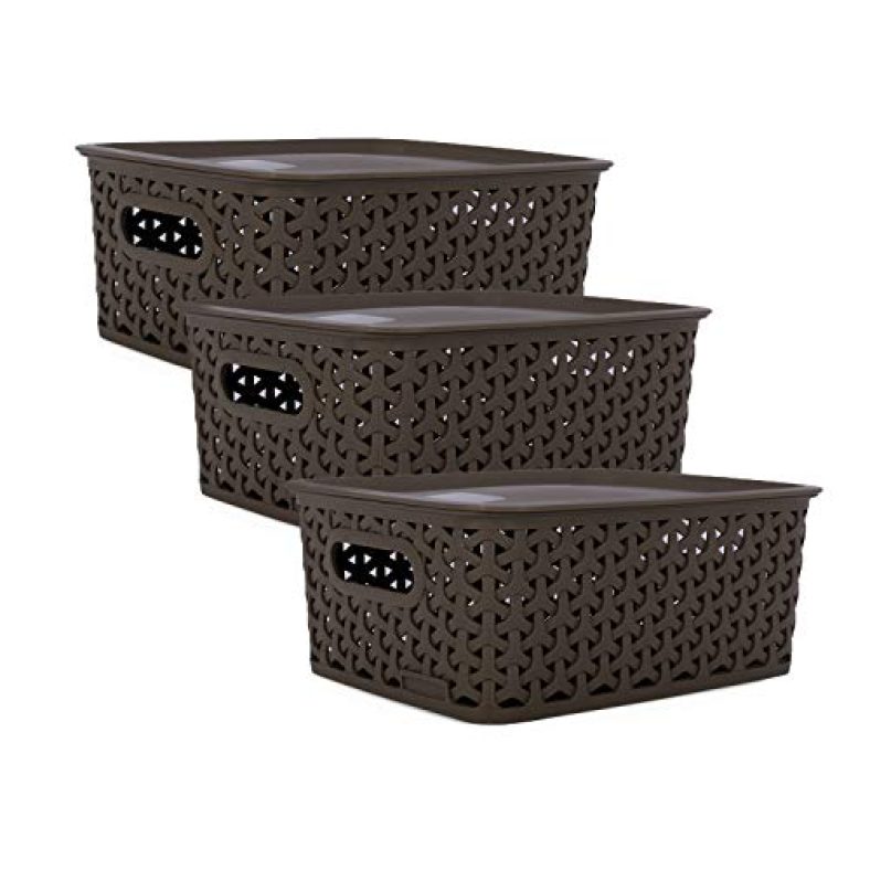 Bel Casa Royal Basket Medium Pack Of 3 With 3 Lids Multipurpose Plastic Storage Baskets – Dark Brown